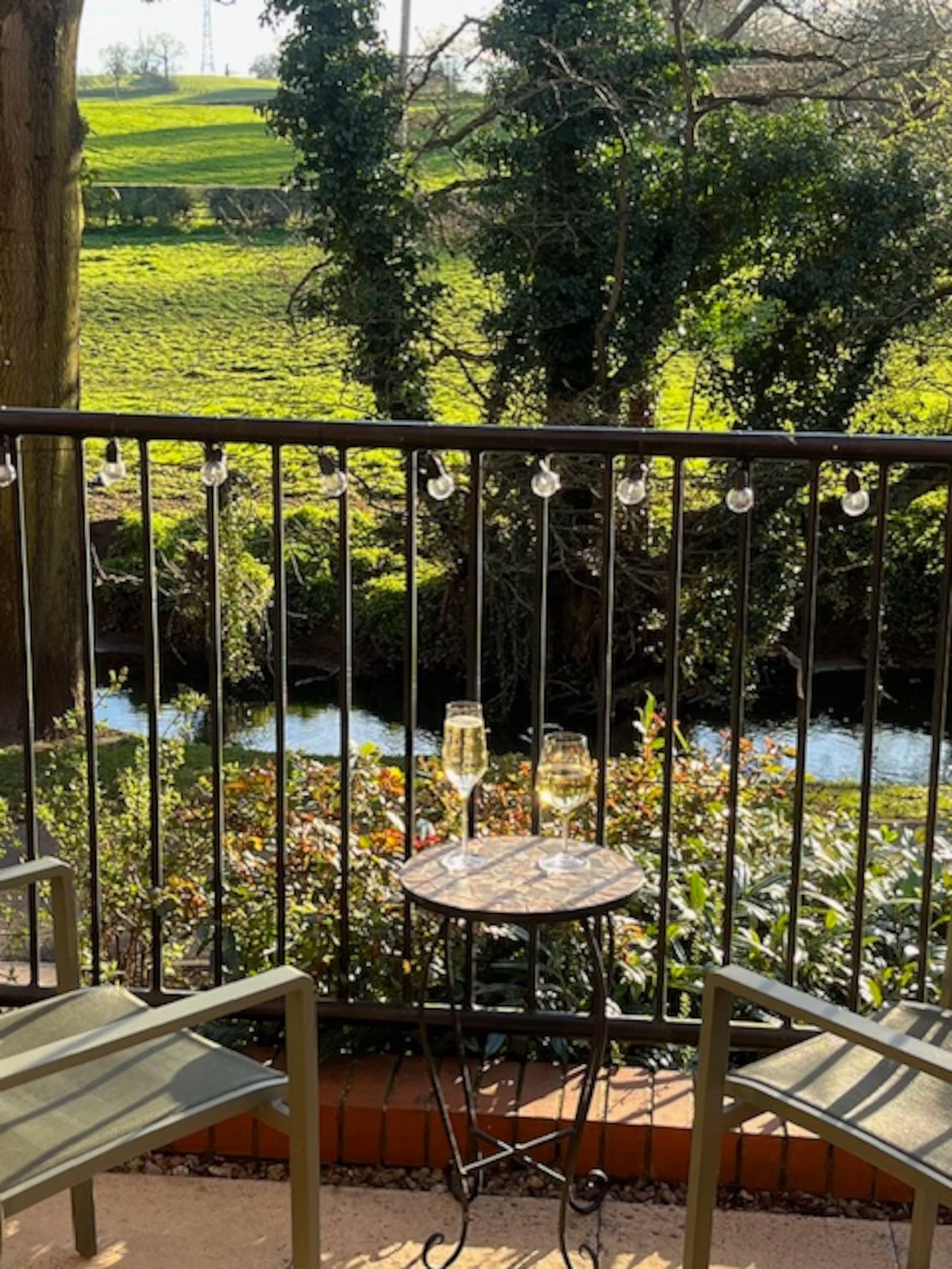 Balcony view over the river and fields