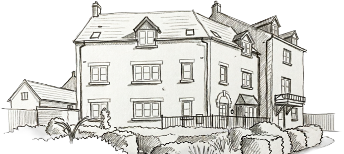 Hand-drawn sketch of Riverside B&B house